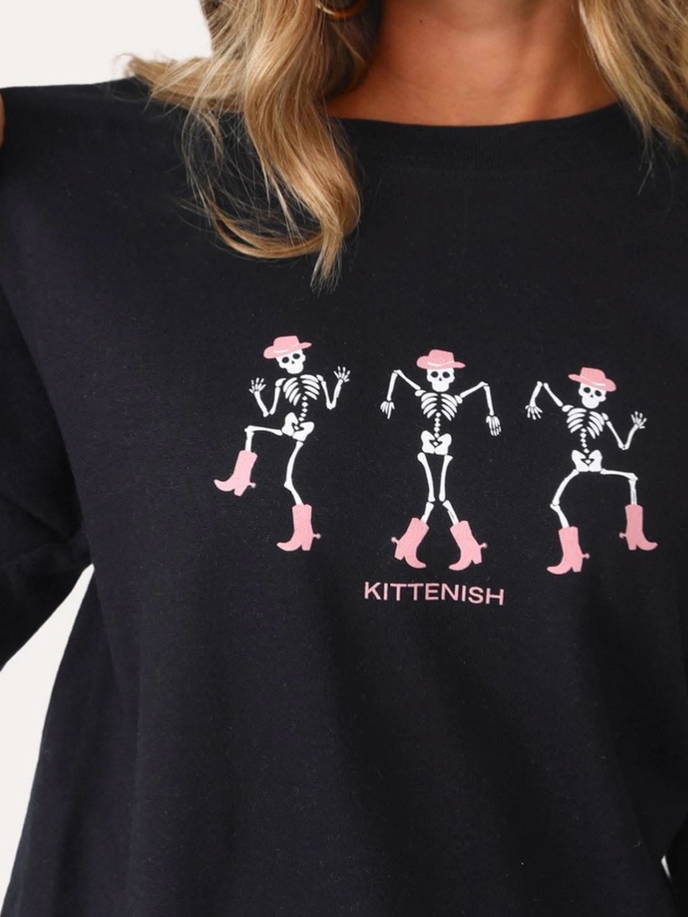 Kittenish Black Crewneck Skeleton Halloween Sweatshirt